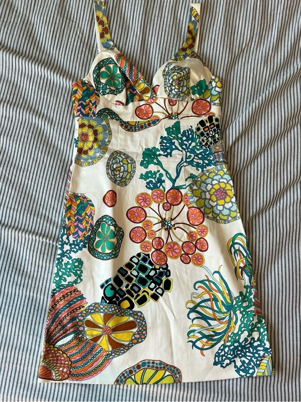 Trina Turk Cream Dress with Teal, Yellow & Pink Print